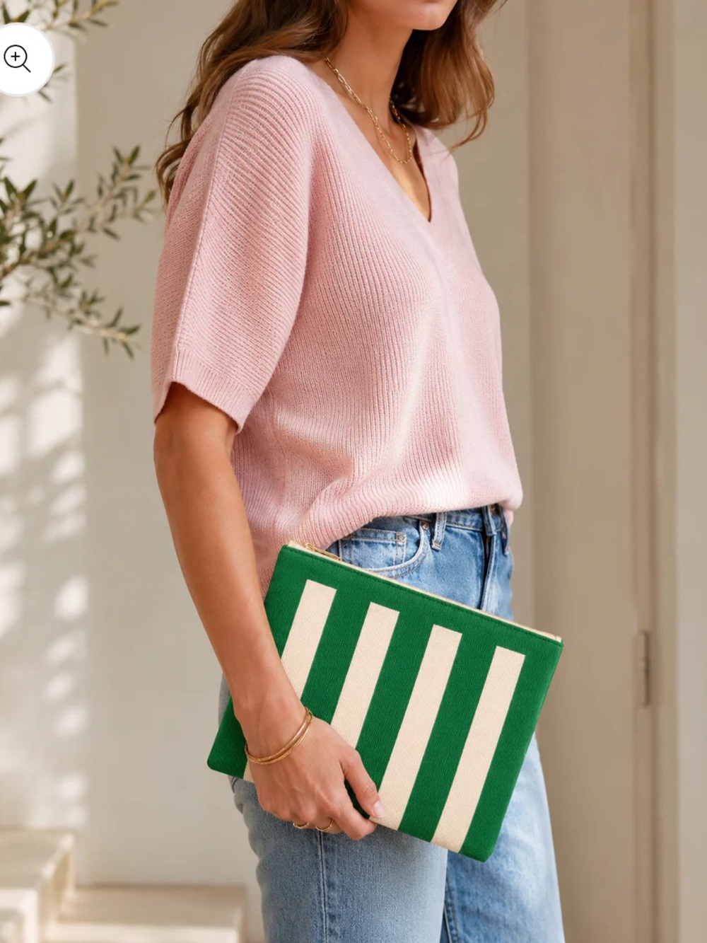 Striped Knit Zip Pouch in Green & Cream